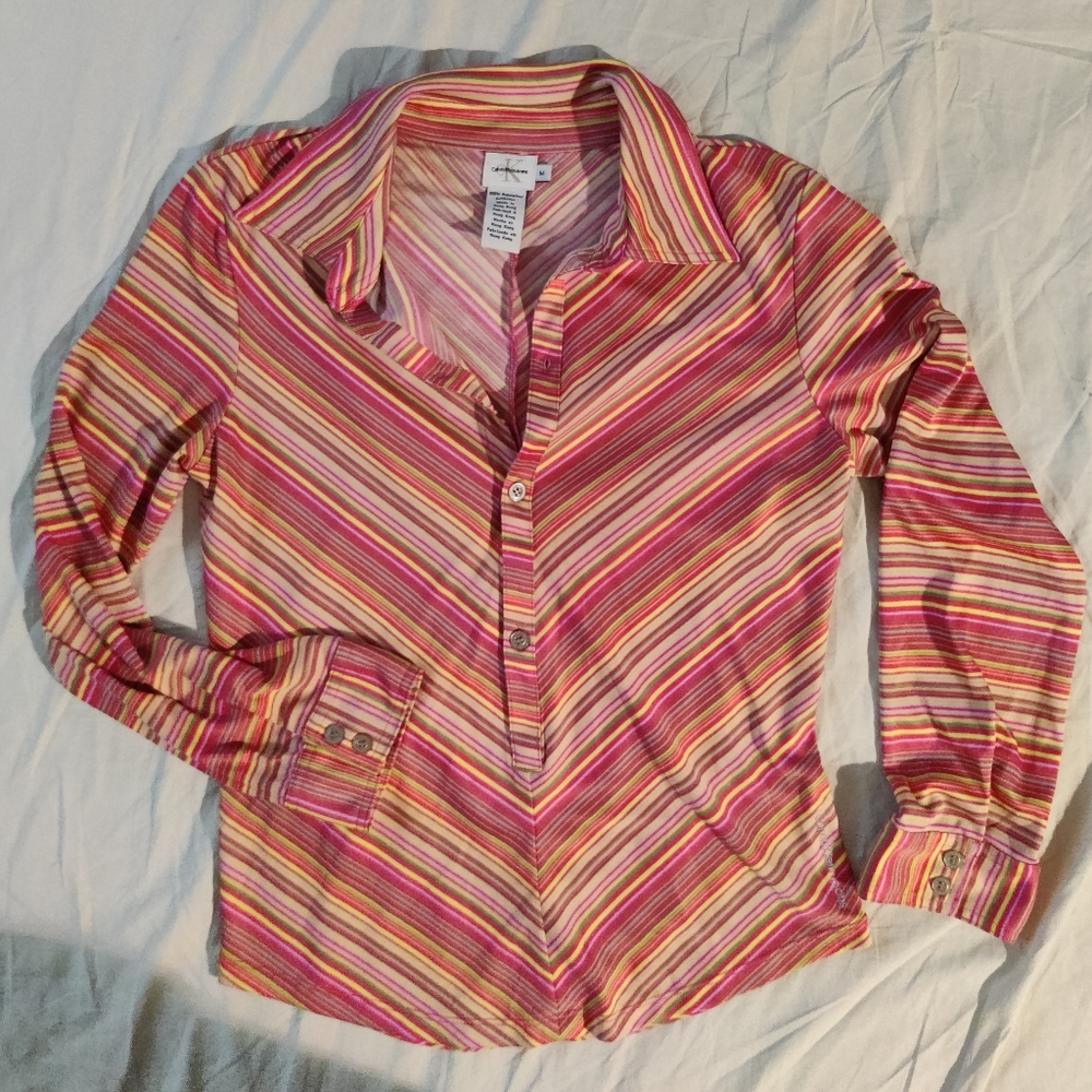 Vintage Calvin Klein top. Size M, deep pink, yellow and lime green stripe.